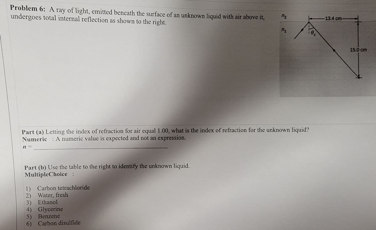 Problem 6: A ray of light, emitted beneath the surface of an unknown liquid with air above it,
undergoes total internal reflection as shown to the right.
17₂
Part (a) Letting the index of refraction for air equal 1.00, what is the index of refraction for the unknown liquid?
Numeric: A numeric value is expected and not an expression.
n=
Part (b) Use the table to the right to identify the unknown liquid.
Multiple Choice :
1) Carbon tetrachloride
2)
Water, fresh
3)
Ethanol
4)
Glycerine
5) Benzene
6) Carbon disulfide
13.4 cm
15.0 cm