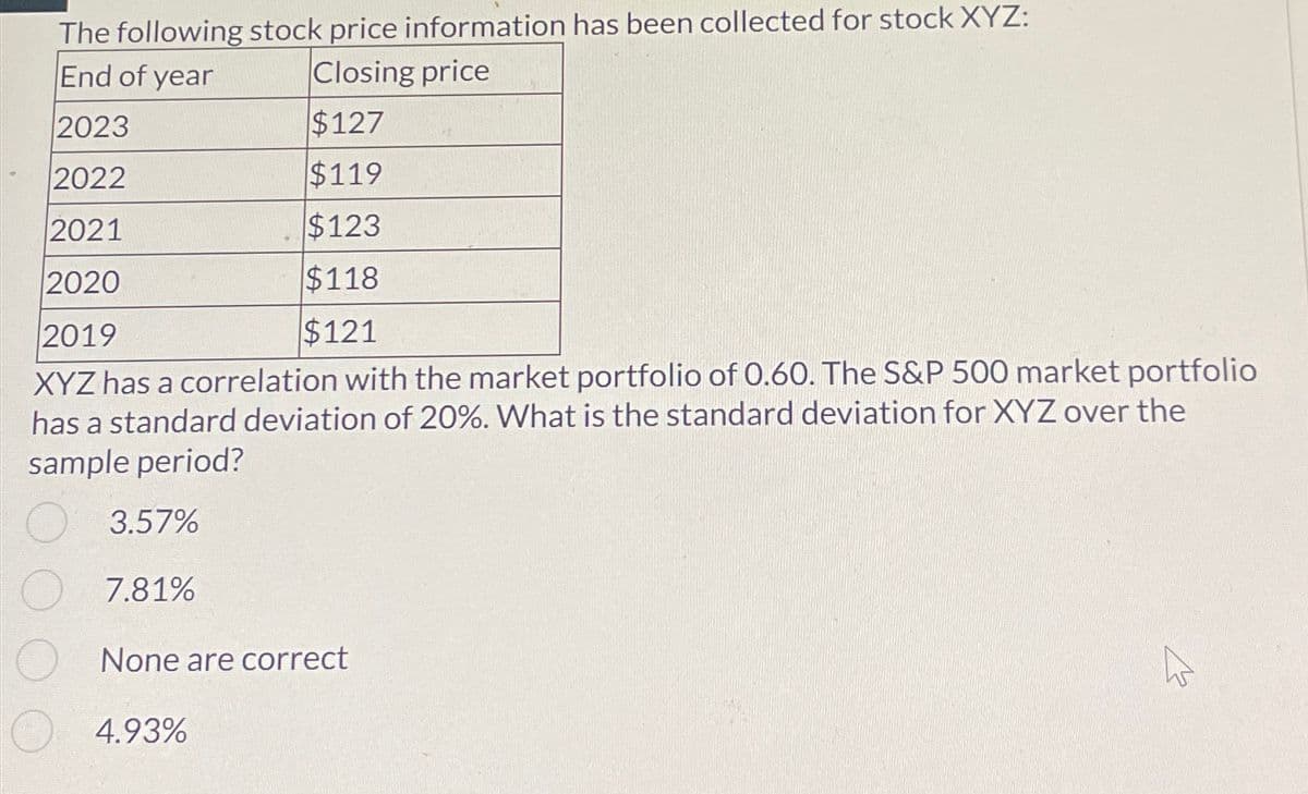 The following stock price information has been collected for stock XYZ:
End of year
Closing price
2023
$127
2022
$119
2021
$123
2020
$118
$121
2019
XYZ has a correlation with the market portfolio of 0.60. The S&P 500 market portfolio
has a standard deviation of 20%. What is the standard deviation for XYZ over the
sample period?
3.57%
7.81%
None are correct
4.93%