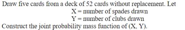 Draw five cards from a deck of 52 cards without replacement. Let
X = number of spades drawn
Y = number of clubs drawn
Construct the joint probability mass function of (X, Y).