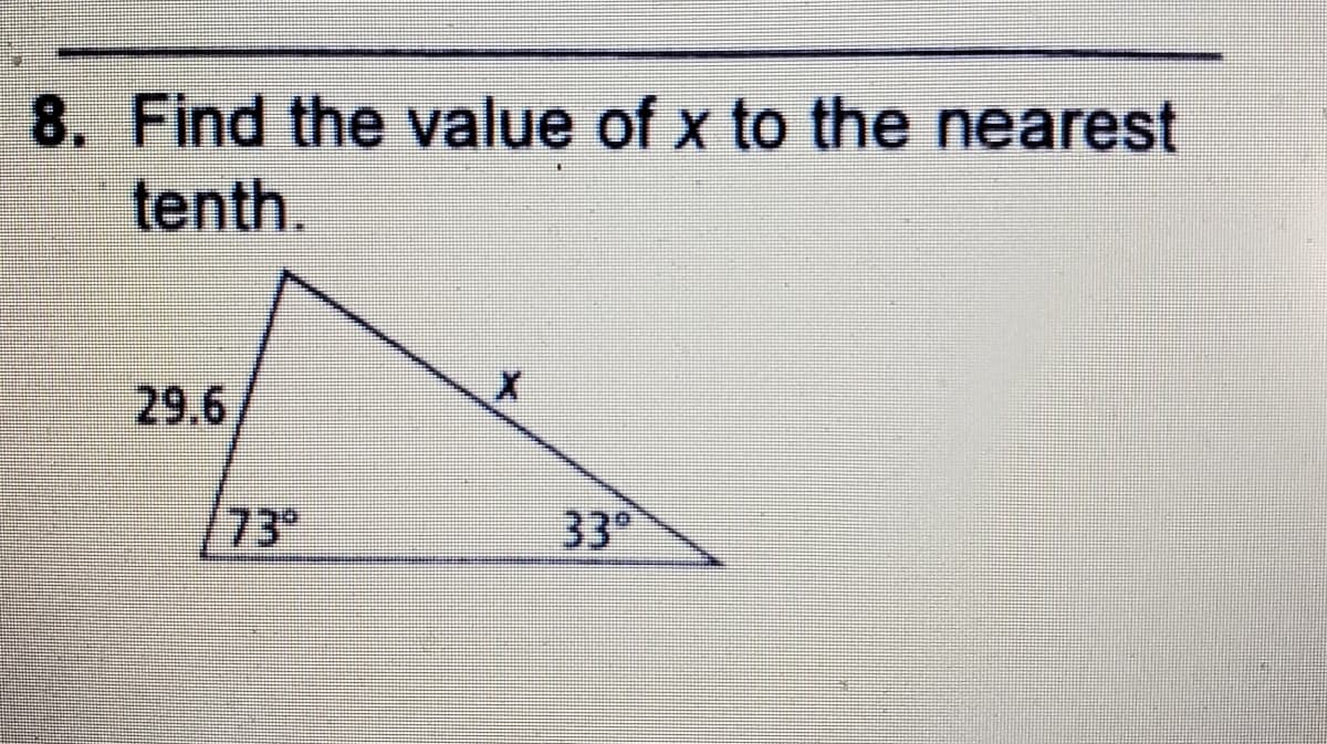 8. Find the value of x to the nearest
tenth.
29.6
73°
33
