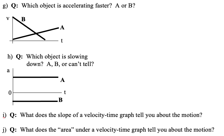 g) Q: Which object is accelerating faster? A or B?
B
A
h) Q: Which object is slowing
down? A, B, or can't tell?
a
A
t
.B
i) Q: What does the slope of a velocity-time graph tell you about the motion?
j) Q: What does the "area" under a velocity-time graph tell you about the motion?
