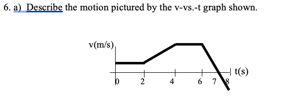 6. a) Describe the motion pictured by the v-vs.-t graph shown.
v(m/s),
+
6 7
H t(s)
4.
