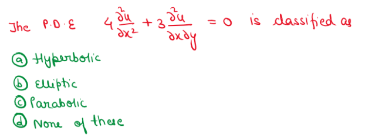 Jhe P.D E
+3 ১५
=o is dassified as
@ Hyperbotic
Elliptic
© Parabolic
None of these
