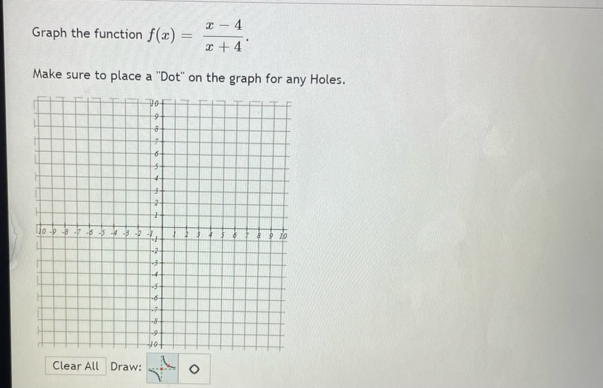 4
Graph the function f(x)
x + 4°
Make sure to place a "Dot" on the graph for
any
Holes.
10
4-
10 -9 -8 -7 -6 -5 -4 -3 -2
O 10
-2
3
-8-
Clear All Draw:
