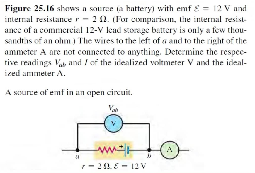 Figure 25.16 shows a source (a battery) with emf E = 12 V and
internal resistance r = 2 . (For comparison, the internal resist-
ance of a commercial 12-V lead storage battery is only a few thou-
sandths of an ohm.) The wires to the left of a and to the right of the
ammeter A are not connected to anything. Determine the respec-
tive readings Vab and I of the idealized voltmeter V and the ideal-
ized ammeter A.
A source of emf in an open circuit.
Vab
V
www
b
a
r = 20, E = 12 V
A