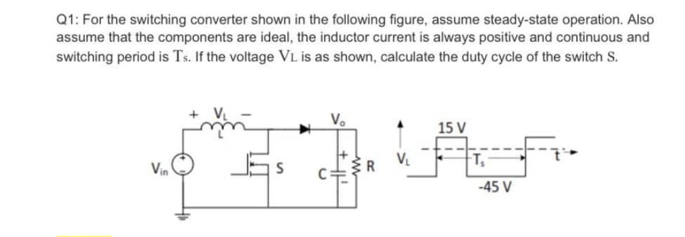 Q1: For the switching converter shown in the following figure, assume steady-state operation. Also
assume that the components are ideal, the inductor current is always positive and continuous and
switching period is Ts. If the voltage VL is as shown, calculate the duty cycle of the switch S.
Vo
15 V
T,
Vin
C=
-45 V
