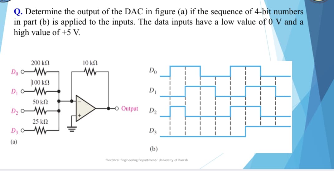 Q. Determine the output of the DAC in figure (a) if the sequence of 4-bit numbers
in part (b) is applied to the inputs. The data inputs have a low value of 0 V and a
high value of +5 V.
200 ΚΩ
10 ΚΩ
Do o
W
Do
T
I
I
1
1
D₁ o
1
D₂ 0
I
1
1
D3
(a)
|100 ΚΩ
50 ΚΩ
25 ΚΩ
ww
D₁
D₂
-O Output
1
I
I
(b)
Electrical Engineering Department/ University of Basrah
I
D3
I
I
1
1
1
T
T
I
I
1
I
1
I
1
1