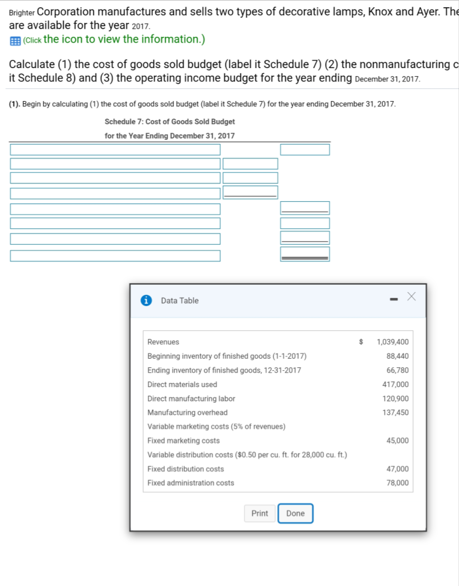 Brighter Corporation manufactures and sells two types of decorative lamps, Knox and Ayer. The
are available for the year 2017.
E (Click the icon to view the information.)
Calculate (1) the cost of goods sold budget (label it Schedule 7) (2) the nonmanufacturing c
it Schedule 8) and (3) the operating income budget for the year ending December 31, 2017.
(1). Begin by calculating (1) the cost of goods sold budget (label it Schedule 7) for the year ending December 31, 2017.
Schedule 7: Cost of Goods Sold Budget
for the Year Ending December 31, 2017
Data Table
Revenues
%24
1,039,400
Beginning inventory of finished goods (1-1-2017)
88,440
Ending inventory of finished goods, 12-31-2017
66,780
Direct materials used
417,000
Direct manufacturing labor
120,900
Manufacturing overhead
137,450
Variable marketing costs (5% of revenues)
Fixed marketing costs
45,000
Variable distribution costs ($0.50 per cu. ft. for 28,000 cu. ft.)
Fixed distribution costs
47,000
Fixed administration costs
78,000
Print
Done
