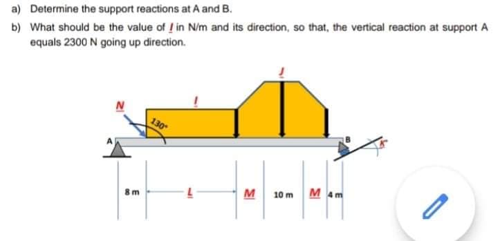 b) What should be the value of ! in N/m and its direction, so that, the vertical reaction at support A
equals 2300 N going up direction.
a) Determine the support reactions at A and B.
130
M
M4m
10 m
8m
