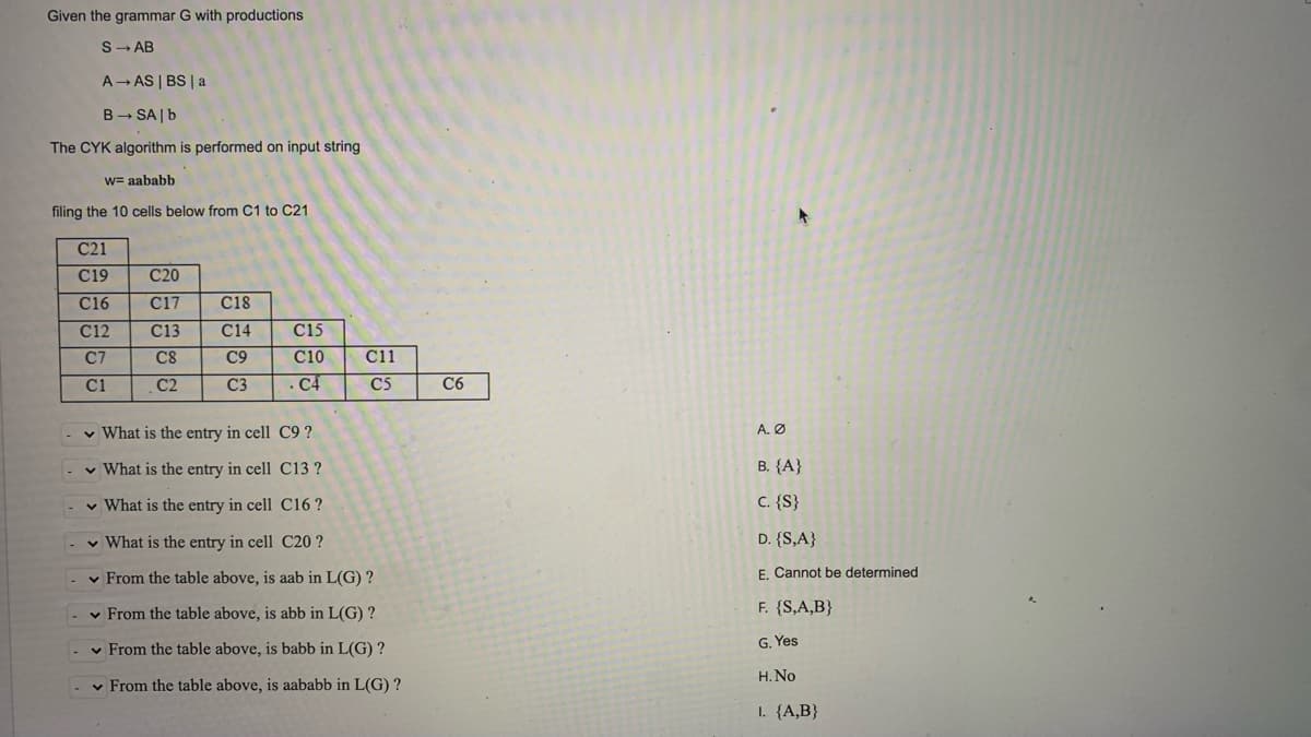 Given the grammar G with productions
S→ AB
A →AS | BS | a
BSA | b
The CYK algorithm is performed on input string
w= aababb
filing the 10 cells below from C1 to C21
C21
C19
C20
C16
C17 C18
C12
C13
C14
C15
C7
C8
C9
C10
C1
C2
C3
. C4
✓ What is the entry in cell C9?
✓ What is the entry in cell C13 ?
✓ What is the entry in cell C16?
C20?
What is the entry in cell
✓ From the table above, is aab in L(G) ?
✓ From the table above, is abb in L(G) ?
✓ From the table above, is babb in L(G) ?
✓ From the table above, is aababb in L(G) ?
C11
C5
C6
+
A. Ø
B. {A}
C. {S}
D. {S,A}
E. Cannot be determined
F. {S,A,B}
G. Yes
H. No
1. {A,B}