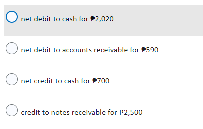 O net debit to cash for $2,020
O net debit to accounts receivable for $590
net credit to cash for $700
O credit to notes receivable for $2,500