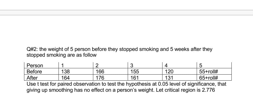 Q#2: the weight of 5 person before they stopped smoking and 5 weeks after they
stopped smoking are as follow
Person
1
2
3
4
5
Before
138
166
155
120
55+roll#
After
164
176
161
131
65+roll#
Use t test for paired observation to test the hypothesis at 0.05 level of significance, that
giving up smoothing has no effect on a person's weight. Let critical region is 2.776
