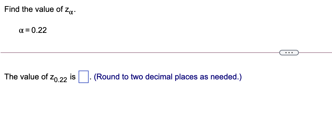 Find the value of z.
a = 0.22
...
The value of zo 22 is. (Round to two decimal places as needed.)
