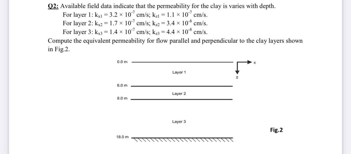 Q2: Available field data indicate that the permeability for the clay is varies with depth.
For layer 1: kx1 = 3.2 x 10 cm/s; k21 = 1.1 x 107 cm/s.
For layer 2: ky2 = 1.7 x 10 cm/s; k2 = 3.4 x 10 cm/s.
For layer 3: kx3 = 1.4 x 10 cm/s; kz3 = 4.4 x 10* cm/s.
Compute the equivalent permeability for flow parallel and perpendicular to the clay layers shown
in Fig.2.
0.0 m
Layer 1
6.0 m
Layer 2
8.0 m
Layer 3
Fig.2
18.0 m
