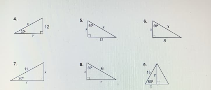 5.
60
6.
60
12
y
30
12
7.
8.
60
9.
11
16,
30°
60°
