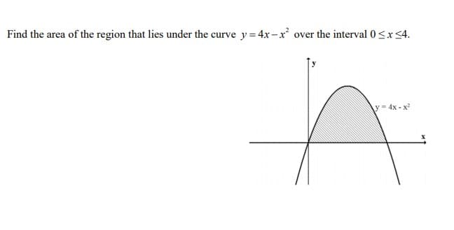 Find the area of the region that lies under the curve y = 4x-x over the interval 0<x<4.
y = 4x - x
