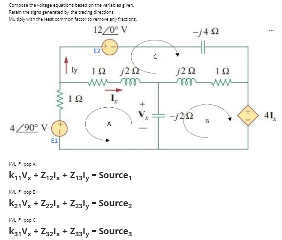 Compose the voltage equations based on the variables given.
Retain the signs generated by the tracing directions.
Multiply with the least common factor to remove any fractions.
12/0° V
E2
Iy
192 j2 Ω-----
02
m
192
I
4/90° V
E1
KVL @ loop A:
K11Vx+Z12lx +Z13ly = Source₁
KVL @loop B:
K21Vx+Z22lx + Z23ly = Source₂
KVL @loop C:
K31Vx+Z32lx + Z33ly = Source3
-j4Q
j292
m
-j2/02
B
192
www
***
41,