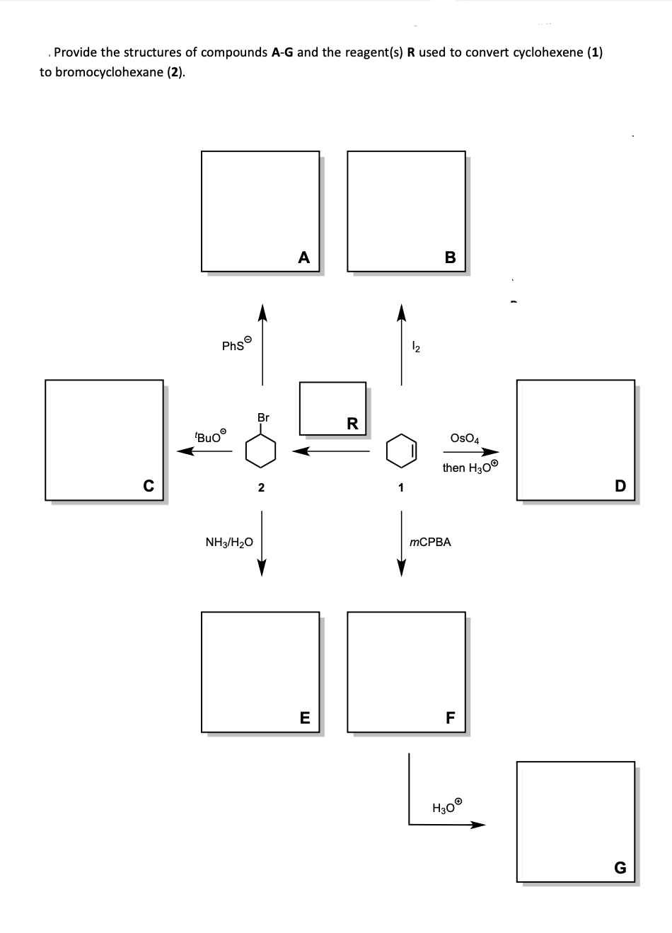 Provide the structures of compounds A-G and the reagent(s) R used to convert cyclohexene (1)
to bromocyclohexane (2).
A
B
Phs°
12
Br
R
'Buo
Os04
then H30°
2
1
D
NH3/H2O
ТСРВА
E
F
H30°
G
