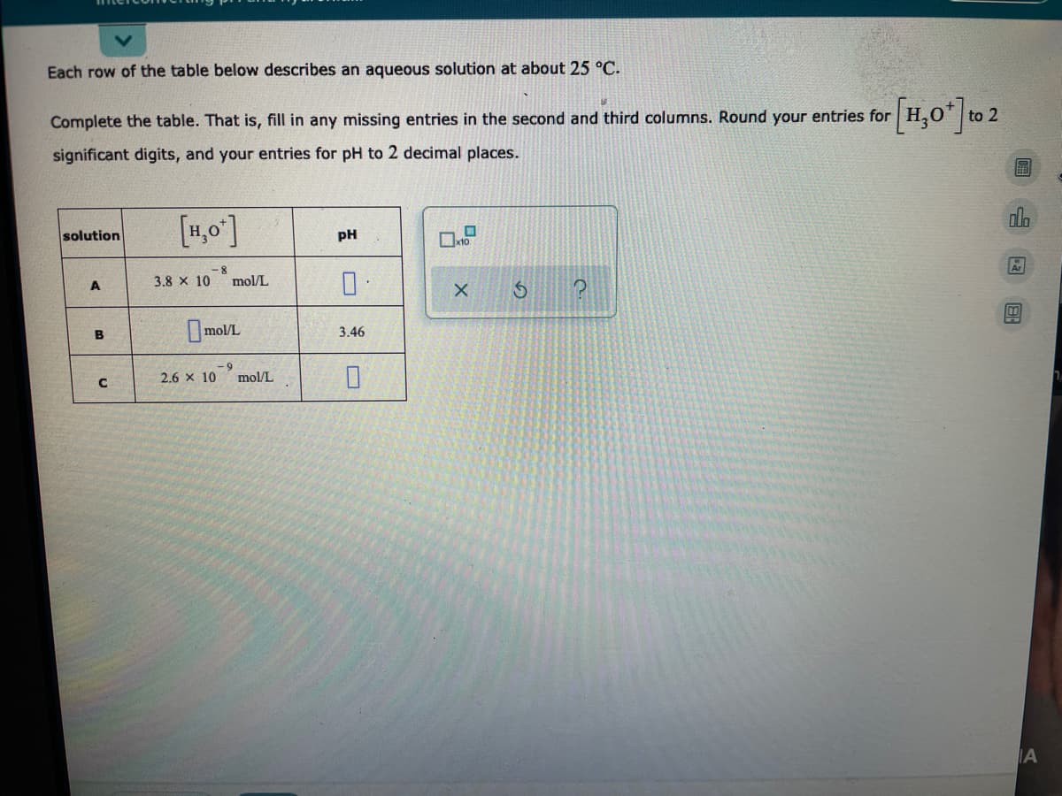 Each row of the table below describes an aqueous solution at about 25 °C.
[H,0*] 2
Complete the table. That is, fill in any missing entries in the second and third columns. Round your entries for
significant digits, and your entries for pH to 2 decimal places.
圖
olo
[1,0']
solution
pH
3.8 x 10
mol/L
Omol/L
B
3.46
2.6 x 10
-9
mol/L
IA
