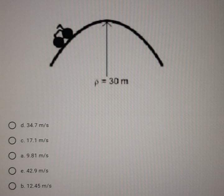 p= 30 m
d. 34.7 m/s
c. 17.1 m/s
a. 9.81 m/s
e. 42.9 m/s
b. 12.45 m/s
