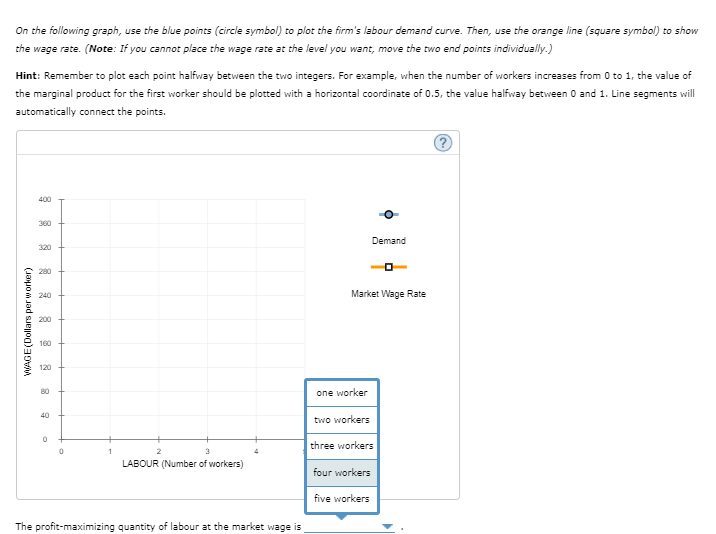 On the following graph, use the blue points (circle symbol) to plot the firm's labour demand curve. Then, use the orange line (square symbol) to show
the wage rate. (Note: If you cannot place the wage rate at the level you want, move the two end points individually.)
Hint: Remember to plot each point halfway between the two integers. For example, when the number of workers increases from 0 to 1, the value of
the marginal product for the first worker should be plotted with a horizontal coordinate of 0.5, the value halfway between O and 1. Line segments will
automatically connect the points.
400
360
Demand
320
280
240
Market Wage Rate
200
160
120
B0
one worker
40
two workers
three workers
1
LABOUR (Number of workers)
four workers
five workers
The profit-maximizing quantity of labour at the market wage is
WAGE(Dollars per worker)
