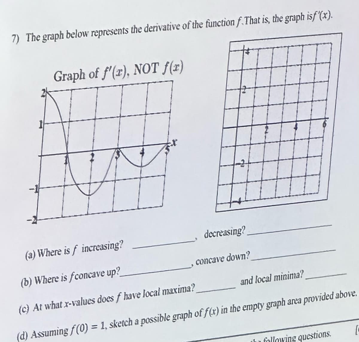 7) The graph below represents the derivative of the function f.That is, the graph isf'(x).
Graph of f'(r), NOT f(x)
decreasing?
(a) Where is f increasing?
(b) Where is fconcave up?
(c) At what x-values does f have local maxima?
(d) Assuming f(0) = 1, sketch a possible graph of f(x) in the empty graph area provided above.
concave down?
and local minima?
following questions.