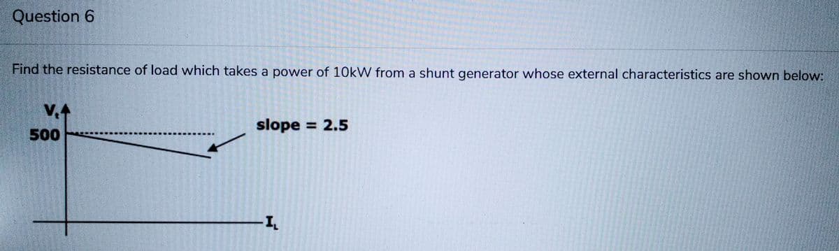 Question 6
Find the resistance of load which takes a power of 10kW from a shunt generator whose external characteristics are shown below:
V.A
500
slope = 2.5
I₁