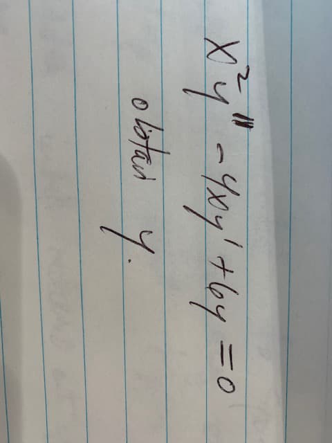 The image contains handwritten mathematical notation on lined paper. The text seems to be solving a quadratic equation for the variable \( y \). The equation is written as follows:

\[ x^2 - 4xy + 4y^2 = 0 \]

Below the equation, there is a note which reads:

\[ \text{obtain } y. \]

This implies that the objective is to solve the given quadratic equation for the variable \( y \).

### Explanation

To solve the equation \( x^2 - 4xy + 4y^2 = 0 \) for \( y \), we can follow these steps:

1. **Recognize the equation:** Notice that the given equation is in the form of a quadratic equation.
2. **Factor the equation:** We can rewrite the equation as:
   \[ (x - 2y)^2 = 0 \]
3. **Solve for \( y \):**
   \[ x - 2y = 0 \]
   \[ x = 2y \]
   \[ y = \frac{x}{2} \]

Hence, the solution for \( y \) in terms of \( x \) is \( \boxed{y = \frac{x}{2}} \).

This equation shows that \( y \) is half the value of \( x \).