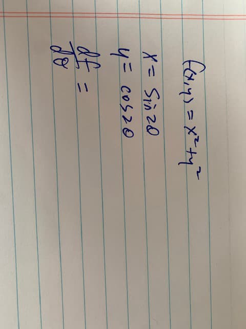 ### Calculus Exercise: Partial Derivatives and Parametric Equations

In this exercise, we will explore partial derivatives with respect to parametric equations. Consider the function and parametric equations provided below:

#### Function:
\[ f(x, y) = x^2 + y^2 \]

#### Parametric Equations:
\[ x = \sin(2\theta) \]
\[ y = \cos(2\theta) \]

We are interested in finding the following derivatives:
\[ \frac{\partial f}{\partial x} = \]
\[ \frac{\partial f}{\partial y} = \]

### Steps to Solve

1. **Substitute the parametric equations into the function:**
    \[
    f(x, y) = (\sin(2\theta))^2 + (\cos(2\theta))^2
    \]

2. **Simplify the function if possible.**

3. **Calculate the partial derivatives with respect to \( x \) and \( y \):**
    \[
    \frac{\partial f}{\partial x} = \frac{\partial}{\partial x}(x^2 + y^2)
    \]
    \[
    \frac{\partial f}{\partial y} = \frac{\partial}{\partial y}(x^2 + y^2)
    \]

### Explanation:

- When calculating the partial derivative with respect to \( x \), treat \( y \) as a constant, and vice versa.
- Substitute the expressions for \( x \) and \( y \) in terms of \( \theta \).

This exercise helps to understand the application of partial derivatives with parametric functions, a valuable skill in multivariable calculus and mathematical modeling.