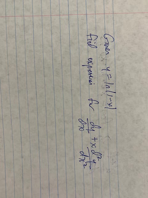 ### Problem Statement
Given the equation:
\[ y = |x - y| \]

Find expressions for:
\[ \frac{dy}{dx} \text{ and } \frac{d^2y}{dx^2} \]

### Explanation:
This equation involves the absolute value function, which introduces a piecewise definition. The differentiation will need to handle the absolute value function carefully by considering the different cases that arise from it. Potential steps include:

1. Considering the cases where \( x \geq y \) and \( x < y \).
2. Differentiating the resulting piecewise functions.
3. Applying the chain rule and implicit differentiation where necessary.
4. Explicitly determining the first and second derivatives of \( y \) with respect to \( x \) (i.e., \( \frac{dy}{dx} \) and \( \frac{d^2y}{dx^2} \)).

This process helps in solving the expression derivations accurately and comprehensively.