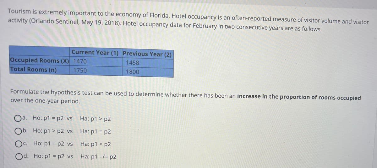 Tourism is extremely important to the economy of Florida. Hotel occupancy is an often-reported measure of visitor volume and visitor
activity (Orlando Sentinel, May 19, 2018). Hotel occupancy data for February in two consecutive years are as follows.
Current Year (1) Previous Year (2)
1458
1800
Occupied Rooms (X) 1470
Total Rooms (n)
1750
Formulate the hypothesis test can be used to determine whether there has been an increase in the proportion of rooms occupied
over the one-year period.
Oa. Ho: p1=p2 vs
Ob. Ho: p1> p2 vs
Oc. Ho: p1=p2 vs
Od. Ho: p1=p2 vs
Ha: p1>p2
Ha: p1=p2
Ha: p1<p2
Ha: p1 =/= p2