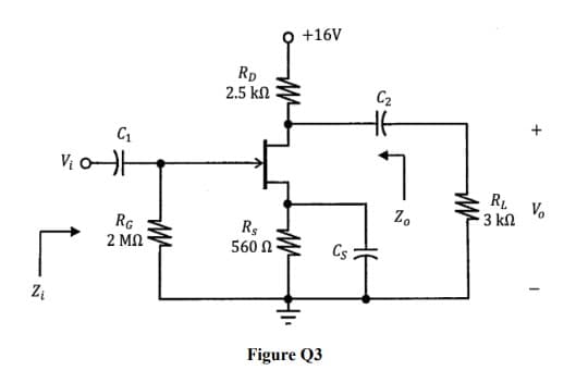 Zi
C₁
viat
RG
2 ΜΩ
m²
RD
2.5 ΚΩ
Rs
560
+16V
Figure Q3
Cs
C₂
Ht
Zo
m²
RL V
3 ΚΩ