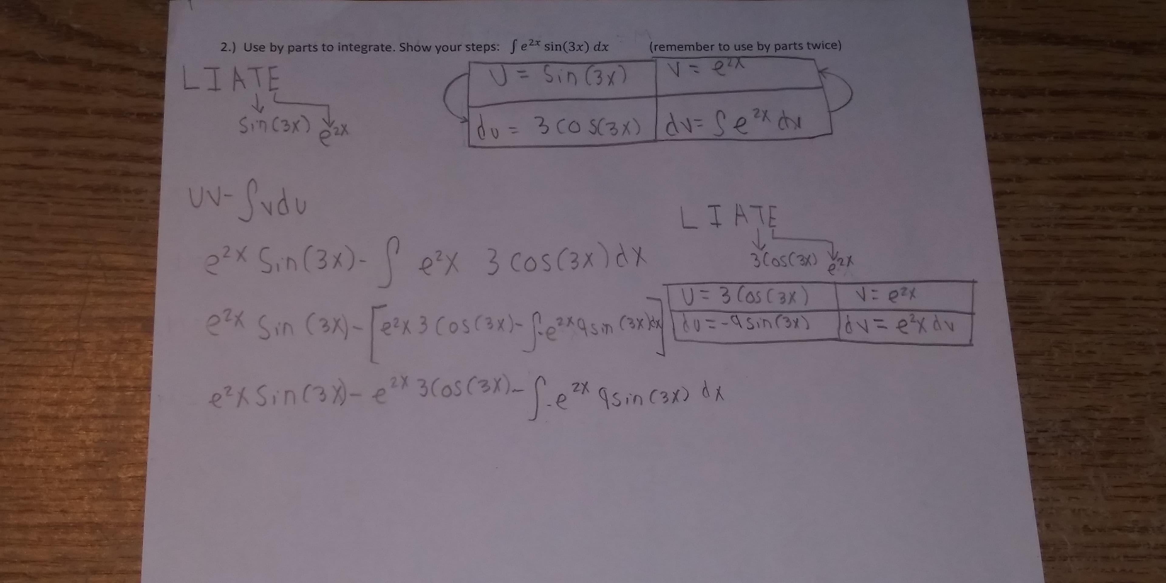 2.) Use by parts to integrate. Show your steps:
J e2* sin(3x) dx
(remember to use by parts twice)
LIATE
LI ATE
2X
