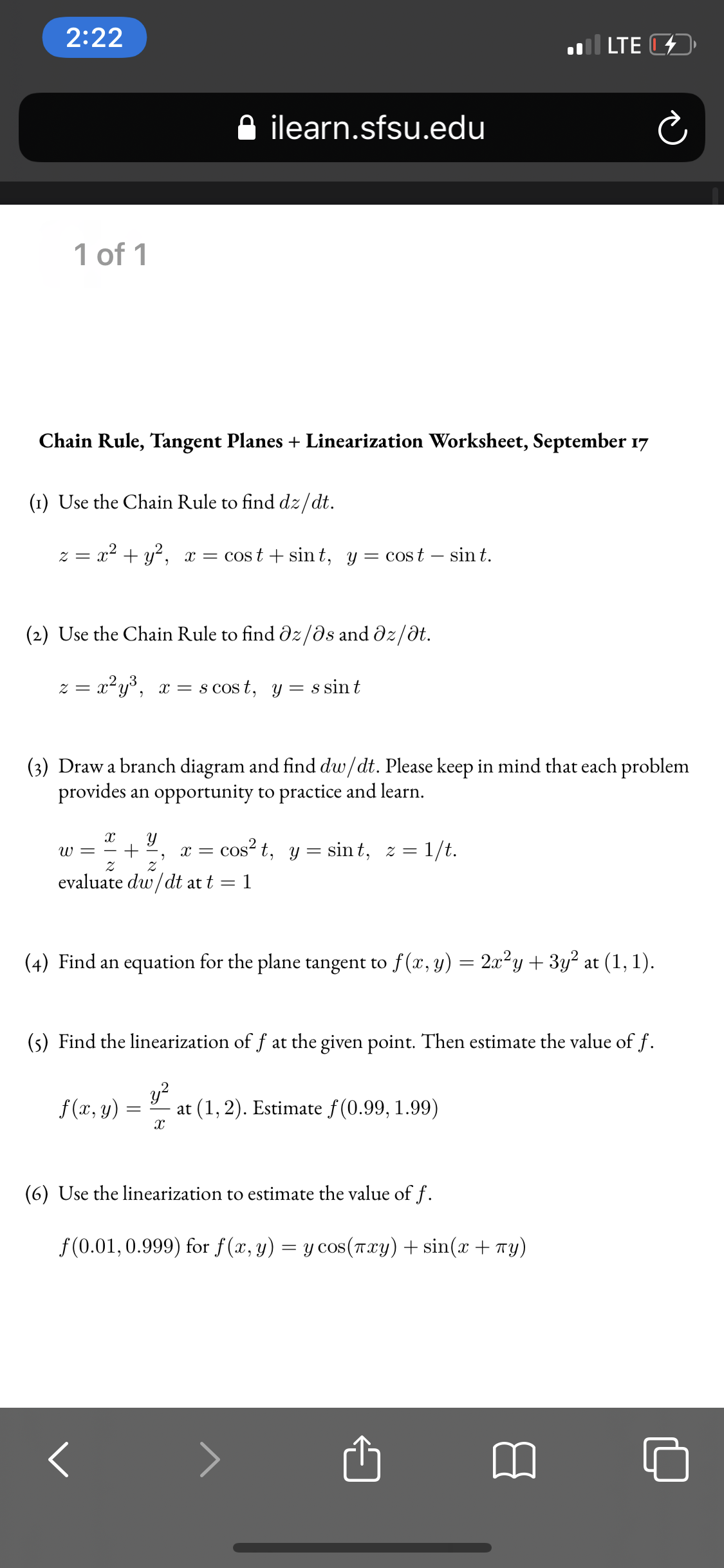 Use the Chain Rule to find dz/dt.
z = x2 + y?, x = cost + sin t, y = cos t – sin t.
-
