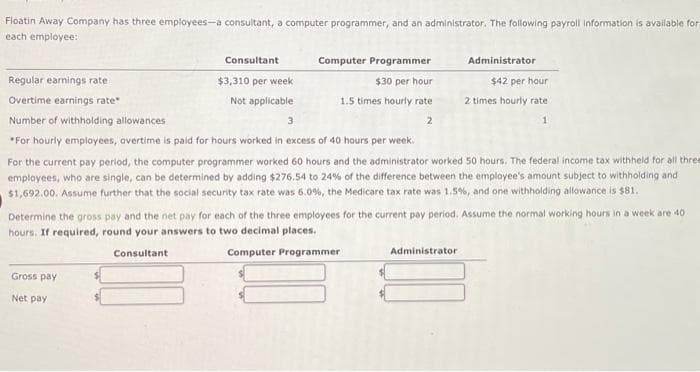 Floatin Away Company has three employees-a consultant, a computer programmer, and an administrator. The following payroll information is available for
each employee:
Consultant
Gross pay
Net pay
Computer Programmer
$30 per hour
1.5 times hourly rate
2
Regular earnings rate
Overtime earnings rate
Number of withholding allowances
3
*For hourly employees, overtime is paid for hours worked in excess of 40 hours per week.
For the current pay period, the computer programmer worked 60 hours and the administrator worked 50 hours. The federal income tax withheld for all three
employees, who are single, can be determined by adding $276.54 to 24% of the difference between the employee's amount subject to withholding and
$1,692.00. Assume further that the social security tax rate was 6.0%, the Medicare tax rate was 1.5%, and one withholding allowance is $81.
$3,310 per week
Not applicable
Administrator
$42 per hour
2 times hourly rate
1
Determine the gross pay and the net pay for each of the three employees for the current pay period. Assume the normal working hours in a week are 40
hours. If required, round your answers to two decimal places.
Consultant
Computer Programmer.
Administrator