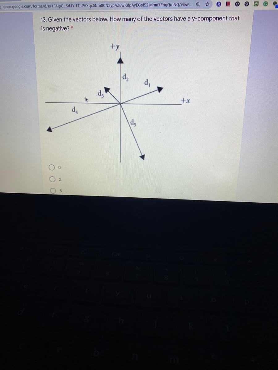 a docs.google.com/forms/d/e/1FA/PQLSDJY-1 TpPAXqx5NmOCN3ypAZ8wKdpAyEGsIS2IMmn7FnqQmNQ/view. Q ☆
13. Given the vectors below. How many of the vectors have a y-component that
is negative? *
+y
+x
ds
2.
