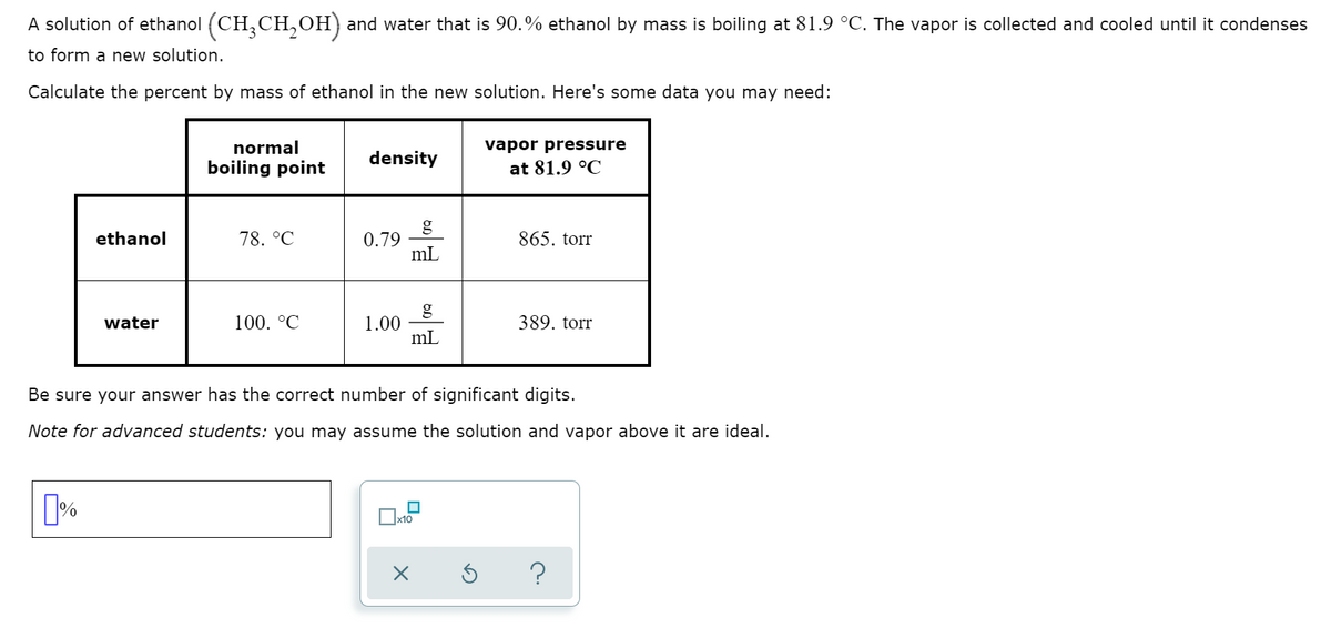 A solution of ethanol (CH,CH,OH) and water that is 90.% ethanol by mass is boiling at 81.9 °C. The vapor is collected and cooled until it condenses
to form a new solution.
Calculate the percent by mass of ethanol in the new solution. Here's some data you may need:
normal
vapor pressure
density
boiling point
at 81.9 °C
g
0.79
mL
ethanol
78. °C
865. torr
100. °C
1.00
mL
389. torr
water
Be sure your answer has the correct number of significant digits.
Note for advanced students: you may assume the solution and vapor above it are ideal.
?
