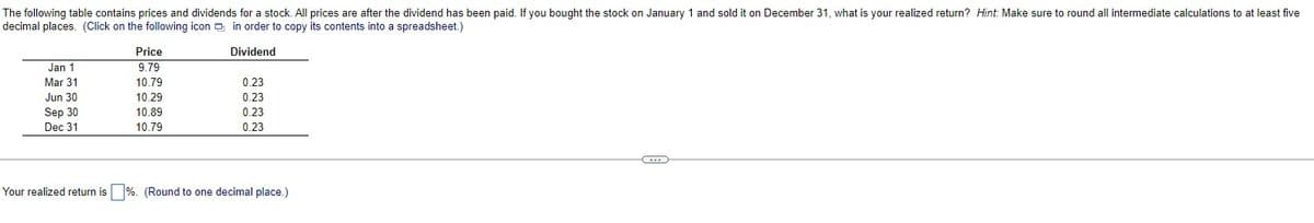 The following table contains prices and dividends for a stock. All prices are after the dividend has been paid. If you bought the stock on January 1 and sold it on December 31, what is your realized return? Hint: Make sure to round all intermediate calculations to at least five
decimal places. (Click on the following icon in order to copy its contents into a spreadsheet.)
Dividend
Jan 1
Mar 31
Jun 30
Sep 30
Dec 31
Price
9.79
10.79
10.29
10.89
10.79
0.23
0.23
0.23
0.23
Your realized return is %. (Round to one decimal place.)