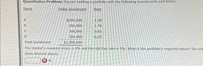 Quantitative Problem: You are holding a portfolio with the following investments and betas:
Dollar investment
Beta
Stock
A
B
$200,000
200,000
300,000
300,000
Total investment
$1,000,000
The market's required return is 9% and the risk-free rate is 5%. What is the portfolio's required return? Do not
three decimal places.
с
D
%
1.20
1.70
0.65
-0.25