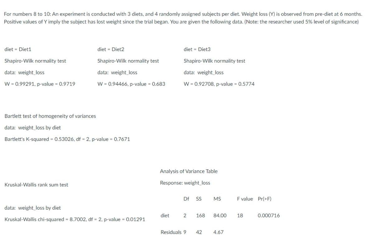 For numbers 8 to 10: An experiment is conducted with 3 diets, and 4 randomly assigned subjects per diet. Weight loss (Y) is observed from pre-diet at 6 months.
Positive values of Y imply the subject has lost weight since the trial began. You are given the following data. (Note: the researcher used 5% level of significance)
diet = Diet1
Shapiro-Wilk normality test
data: weight loss
W = 0.99291, p-value = 0.9719
diet = Diet2
Kruskal-Wallis rank sum test
Shapiro-Wilk normality test
data: weight loss
W = 0.94466, p-value = 0.683
Bartlett test of homogeneity of variances
data: weight loss by diet
Bartlett's K-squared = 0.53026, df = 2, p-value = 0.7671
data: weight loss by diet
Kruskal-Wallis chi-squared = 8.7002, df = 2, p-value = 0.01291
diet = Diet3
diet
Shapiro-Wilk normality test
data: weight loss
W = 0.92708, p-value = 0.5774
Analysis of Variance Table
Response: weight loss
Df SS MS
2
Residuals 9
168
84.00
42 4.67
F value Pr(>F)
18
0.000716