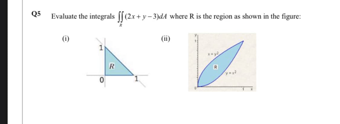 Q5
Evaluate the integrals [[(2x+y- 3)dA where R is the region as shown in the figure:
R
(i)
(ii)
1
y=x2
RI
