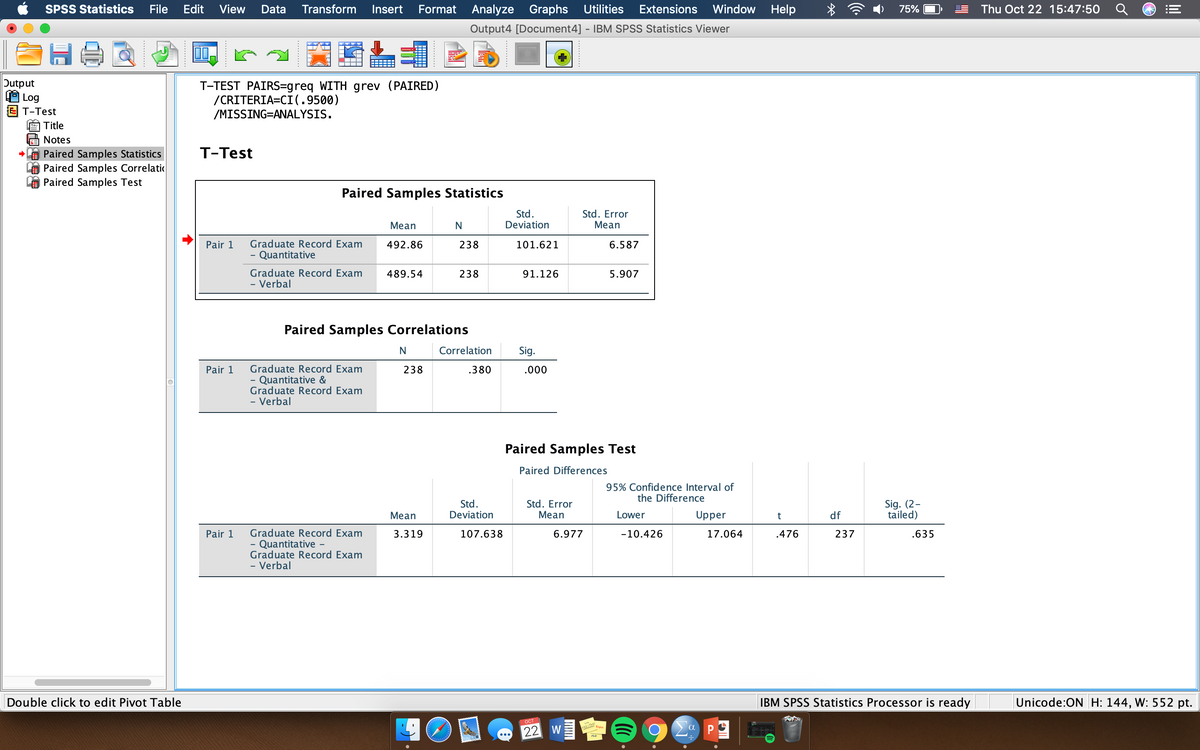 SPSS Statistics
File
Edit
View
Data
Transform
Insert
Format
Analyze Graphs Utilities
Extensions
Window Help
75%
Thu Oct 22 15:47:50
Output4 [Document4] - IBM SPSS Statistics Viewer
Output
Log
E T-Test
T-TEST PAIRS=greq WITH grev (PAIRED)
/CRITERIA=CI(.9500)
/MISSING=ANALYSIS.
Title
Notes
T-Test
Paired Samples Statistics
Paired Samples Correlatic
Paired Samples Test
Paired Samples Statistics
Std.
Deviation
Std. Error
Mean
Mean
Pair 1
Graduate Record Exam
492.86
238
101.621
6.587
- Quantitative
Graduate Record Exam
489.54
238
91.126
5.907
- Verbal
-
Paired Samples Correlations
Correlation
Sig.
Pair 1
Graduate Record Exam
Quantitative &
Graduate Record Exam
- Verbal
238
.380
.000
Paired Samples Test
Paired Differences
95% Confidence Interval of
the Difference
Std.
Deviation
Std. Error
Мean
Sig. (2-
tailed)
Мean
Lower
Upper
t
df
Graduate Record Exam
Quantitative -
Graduate Record Exam
- Verbal
Pair 1
3.319
107.638
6.977
-10.426
17.064
.476
237
.635
Double click to edit Pivot Table
IBM SPSS Statistics Processor is ready
Unicode:ON H: 144, W: 552 pt.
OCT
22 W
會
