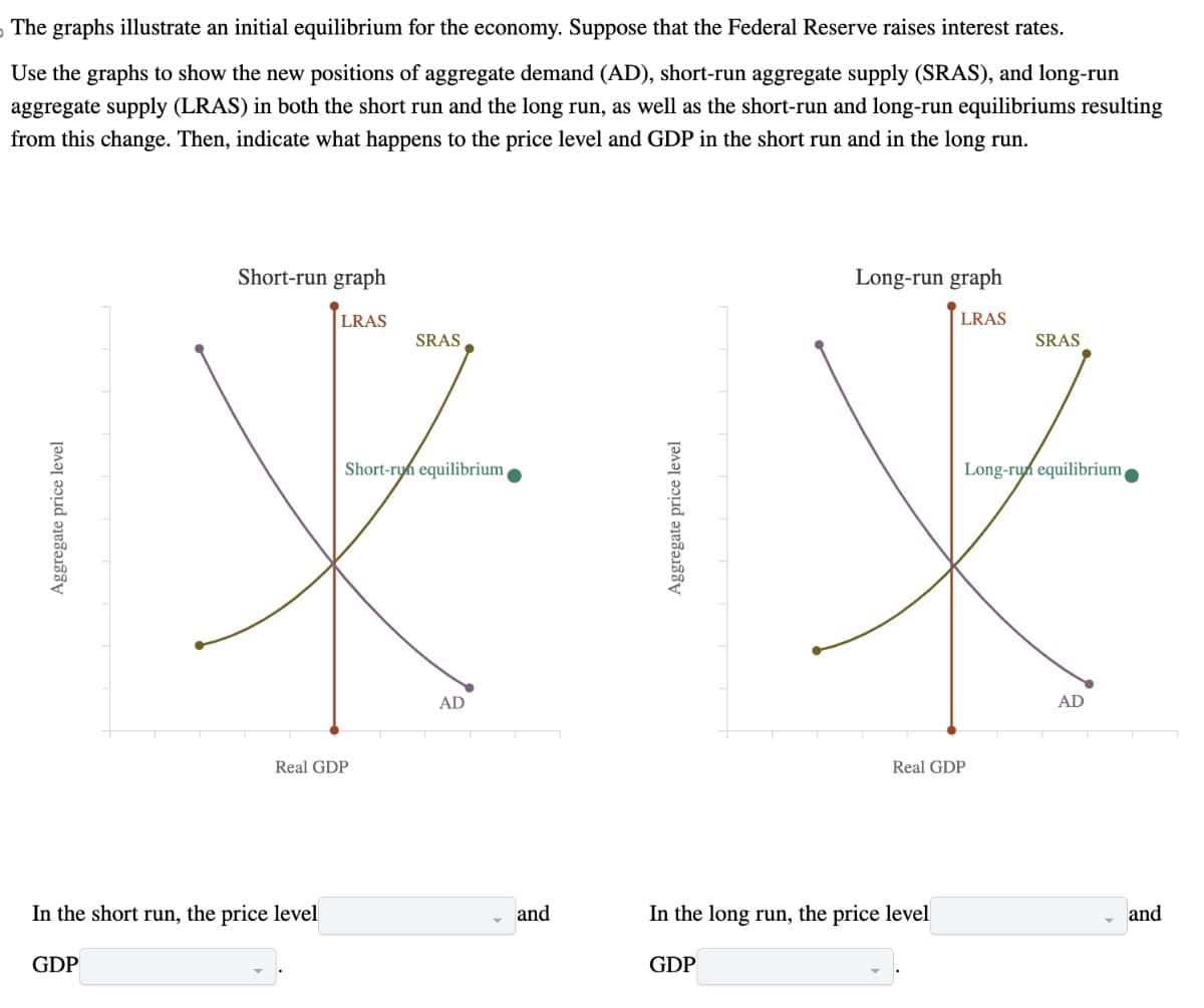 The graphs illustrate an initial equilibrium for the economy. Suppose that the Federal Reserve raises interest rates.
Use the graphs to show the new positions of aggregate demand (AD), short-run aggregate supply (SRAS), and long-run
aggregate supply (LRAS) in both the short run and the long run, as well as the short-run and long-run equilibriums resulting
from this change. Then, indicate what happens to the price level and GDP in the short run and in the long run.
Aggregate price level
Short-run graph
GDP
In the short run, the price level
LRAS
Real GDP
SRAS
Short-run equilibrium
AD
and
Aggregate price level
Long-run graph
LRAS
Real GDP
In the long run, the price level
GDP
SRAS
Long-run equilibrium
AD
and