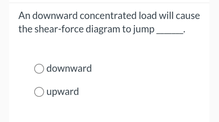 An downward concentrated load will cause
the shear-force diagram to jump
Odownward
O upward