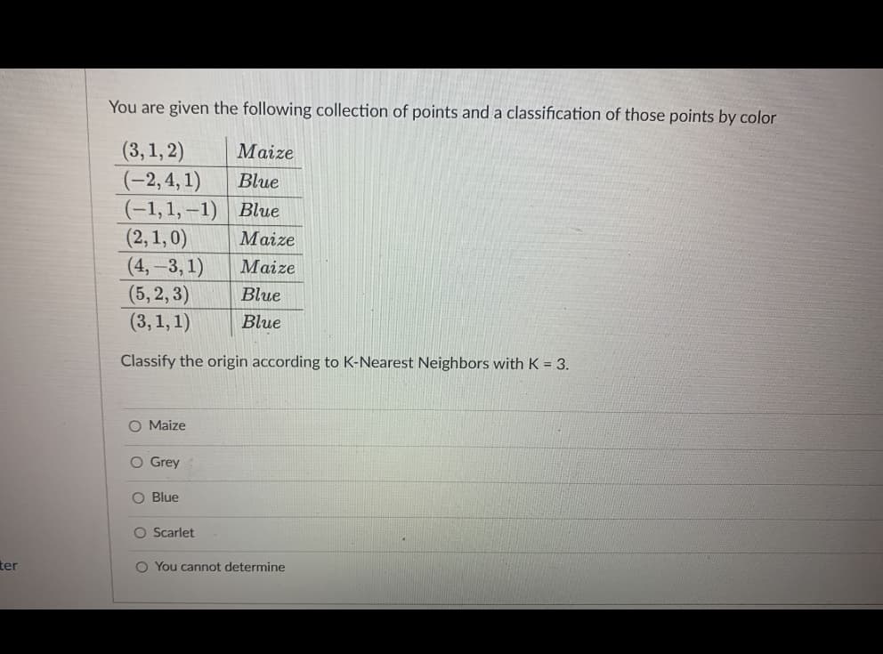 ter
You are given the following collection of points and a classification of those points by color
(3,1,2)
Maize
(-2,4,1) Blue
(-1,1,-1)
Blue
(2,1,0)
(4, -3,1)
(5,2,3)
(3, 1, 1)
Classify the origin according to K-Nearest Neighbors with K = 3.
O Maize
O Grey
O Blue
O Scarlet
Maize
Maize
Blue
Blue
O You cannot determine