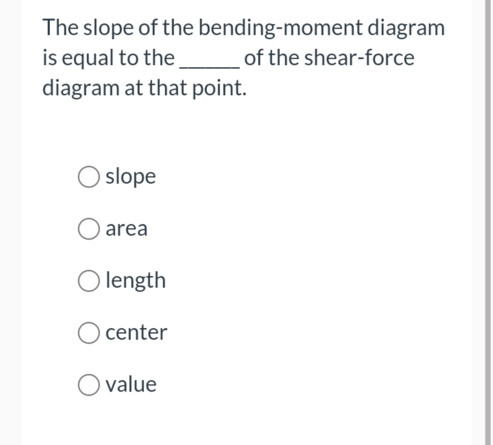 The slope of the
bending-moment diagram
is equal to the _____________ of the shear-force
diagram at that point.
O slope
O area
O length
O center
O value