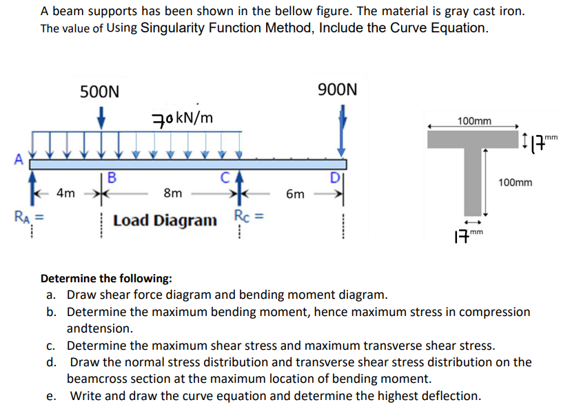 A beam supports has been shown in the bellow figure. The material is gray cast iron.
The value of Using Singularity Function Method, Include the Curve Equation.
500N
900N
70 kN/m
100mm
mm
A
В
100mm
4m
8m
6m
RA =
| Load Diagram
Rc =
mm
Determine the following:
a. Draw shear force diagram and bending moment diagram.
b. Determine the maximum bending moment, hence maximum stress in compression
andtension.
c. Determine the maximum shear stress and maximum transverse shear stress.
d. Draw the normal stress distribution and transverse shear stress distribution on the
beamcross section at the maximum location of bending moment.
e. Write and draw the curve equation and determine the highest deflection.
