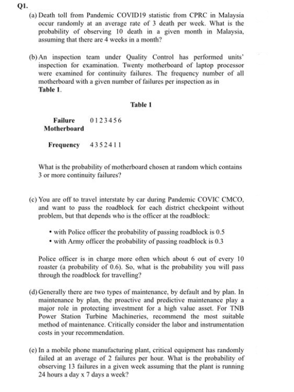 QI.
(a) Death toll from Pandemic COVID19 statistic from CPRC in Malaysia
occur randomly at an average rate of 3 death per week. What is the
probability of observing 10 death in a given month in Malaysia,
assuming that there are 4 weeks in a month?
(b) An inspection team under Quality Control has performed units'
inspection for examination. Twenty motherboard of laptop processor
were examined for continuity failures. The frequency number of all
motherboard with a given number of failures per inspection as in
Table 1.
Table 1
Failure
0123456
Motherboard
Frequency 4352411
What is the probability of motherboard chosen at random which contains
3 or more continuity failures?
(c) You are off to travel interstate by car during Pandemic COVIC CMCO,
and want to pass the roadblock for each district checkpoint without
problem, but that depends who is the officer at the roadblock:
• with Police officer the probability of passing roadblock is 0.5
• with Army officer the probability of passing roadblock is 0.3
Police officer is in charge more often which about 6 out of every 10
roaster (a probability of 0.6). So, what is the probability you will pass
through the roadblock for travelling?
(d) Generally there are two types of maintenance, by default and by plan. In
maintenance by plan, the proactive and predictive maintenance play a
major role in protecting investment for a high value asset. For TNB
Power Station Turbine Machineries, recommend the most suitable
method of maintenance. Critically consider the labor and instrumentation
costs in your recommendation.
(e) In a mobile phone manufacturing plant, critical equipment has randomly
failed at an average of 2 failures per hour. What is the probability of
observing 13 failures in a given week assuming that the plant is running
24 hours a day x 7 days a weck?
