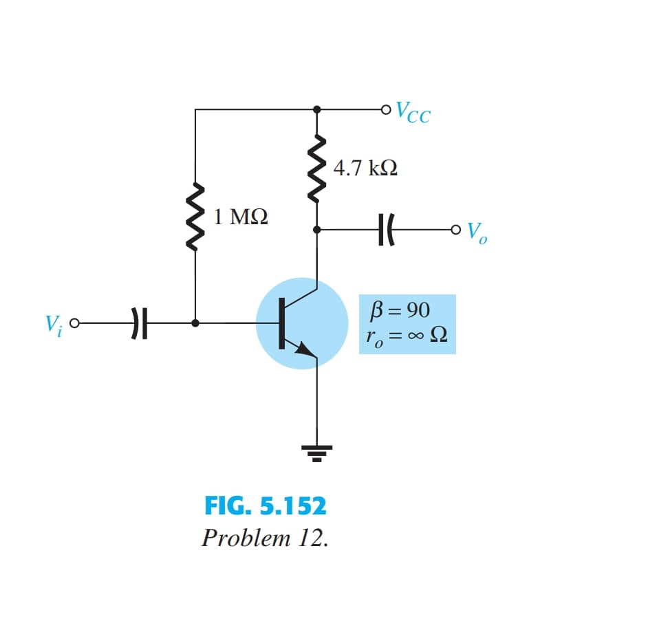 oVcc
4.7 kQ
1 ΜΩ
B= 90
ro = ∞ Q
V;
FIG. 5.152
Problem 12.
