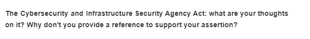 The
Cybersecurity and Infrastructure Security Agency Act: what are your thoughts
on it? Why don't you provide a reference to support your assertion?